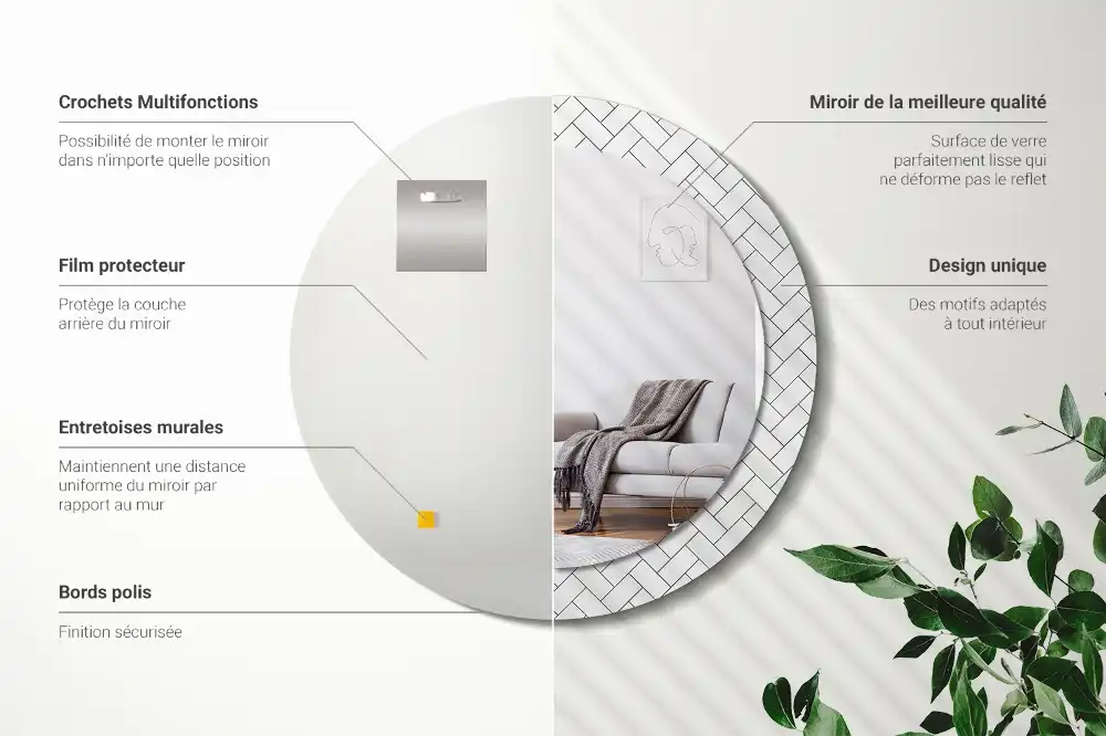 Miroir rond cadre imprimé motif chevron