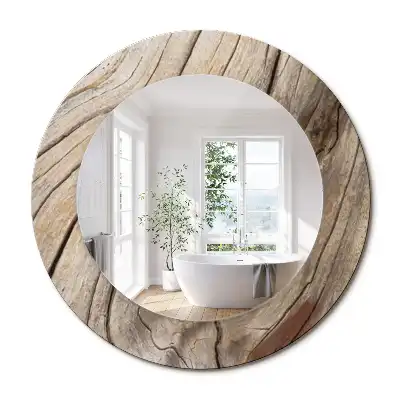 Miroir rond cadre imprimé bois craquelé