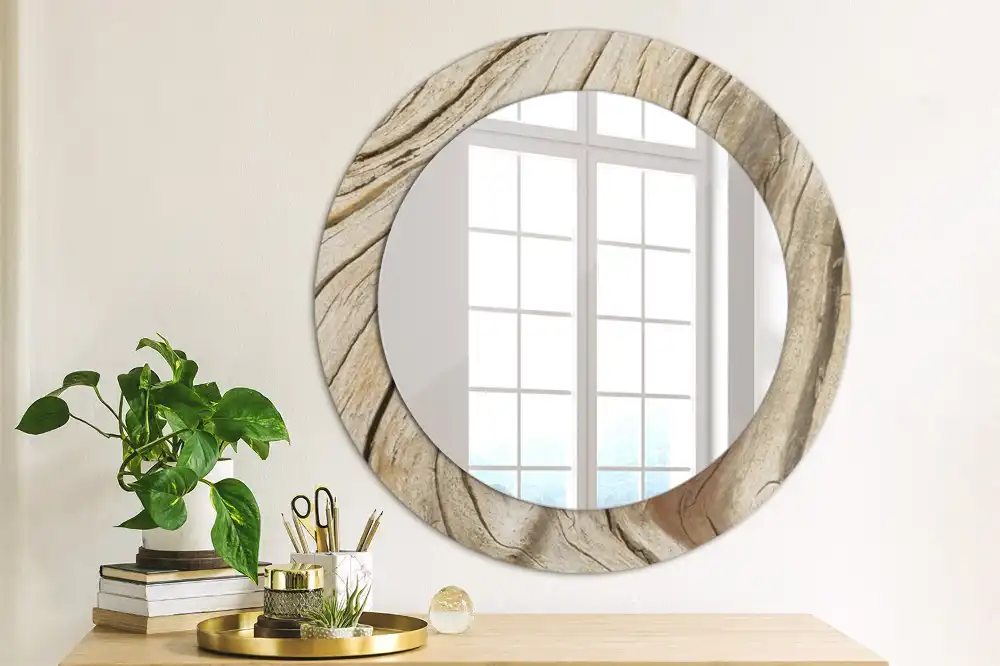 Miroir rond cadre imprimé bois craquelé