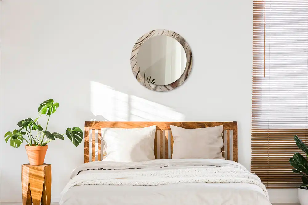 Miroir rond cadre imprimé bois craquelé