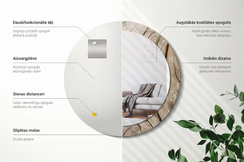 Miroir rond cadre imprimé bois craquelé