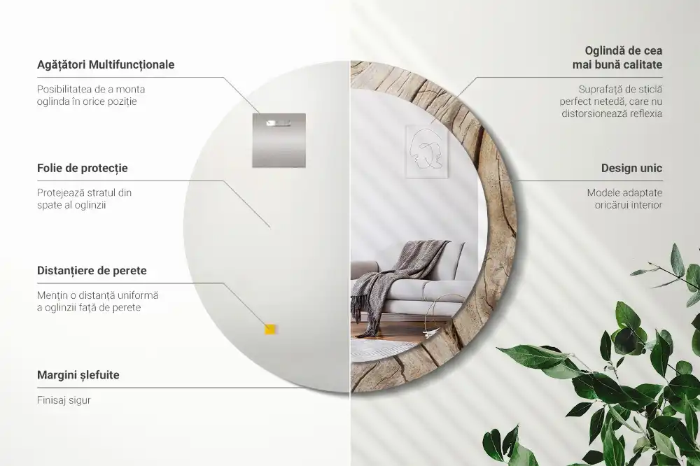 Miroir rond cadre imprimé bois craquelé
