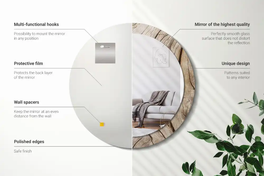 Miroir rond cadre imprimé bois craquelé