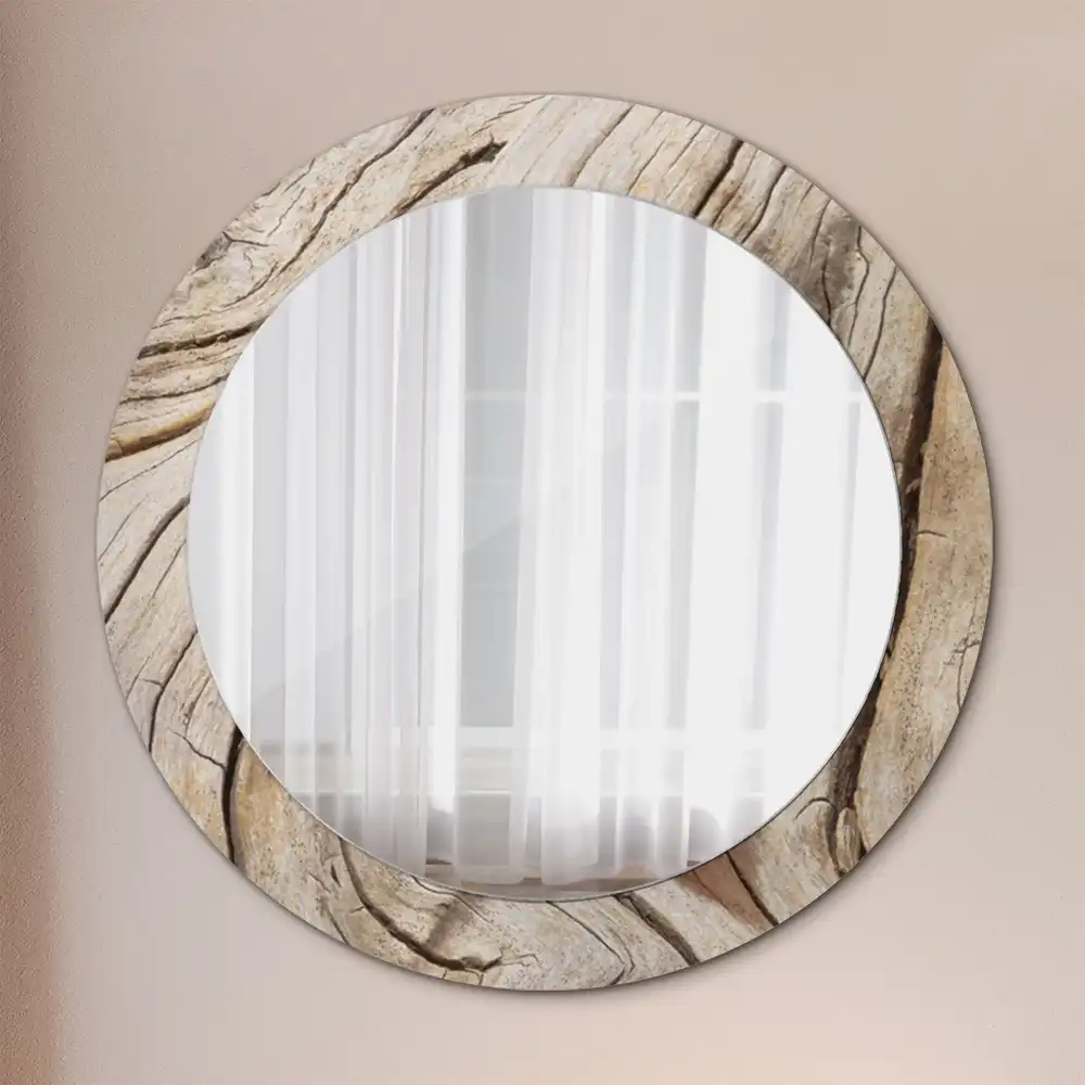Miroir rond cadre imprimé bois craquelé