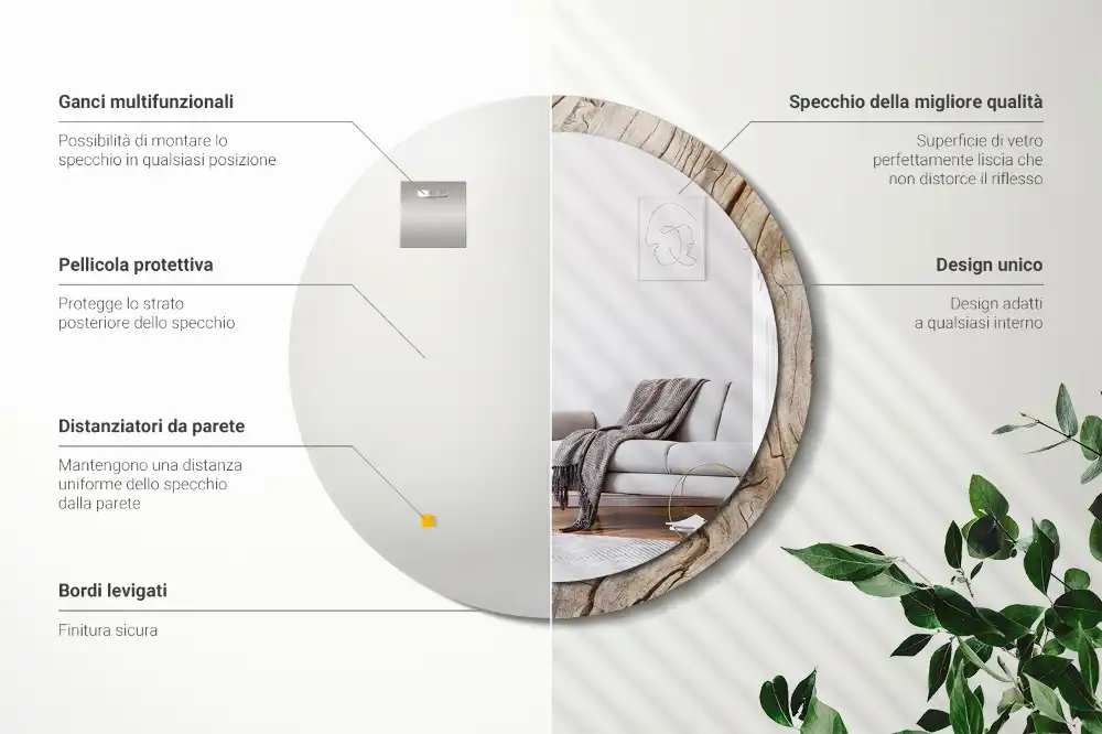 Miroir rond cadre imprimé bois craquelé