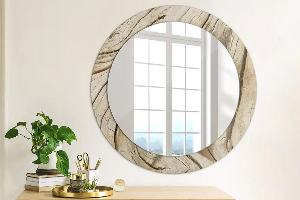 Miroir rond cadre imprimé bois craquelé