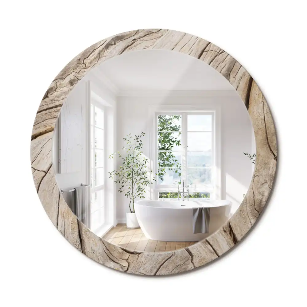 Miroir rond cadre imprimé bois craquelé