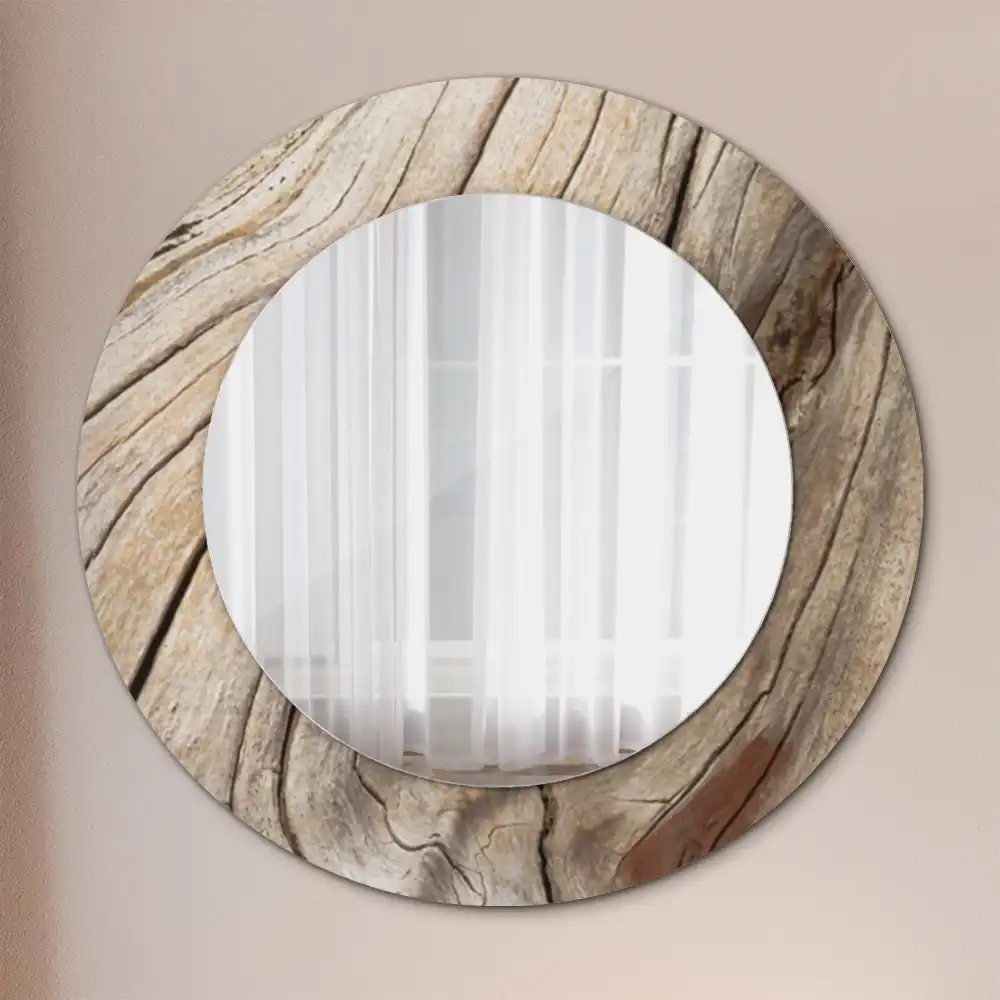 Miroir rond cadre imprimé bois craquelé