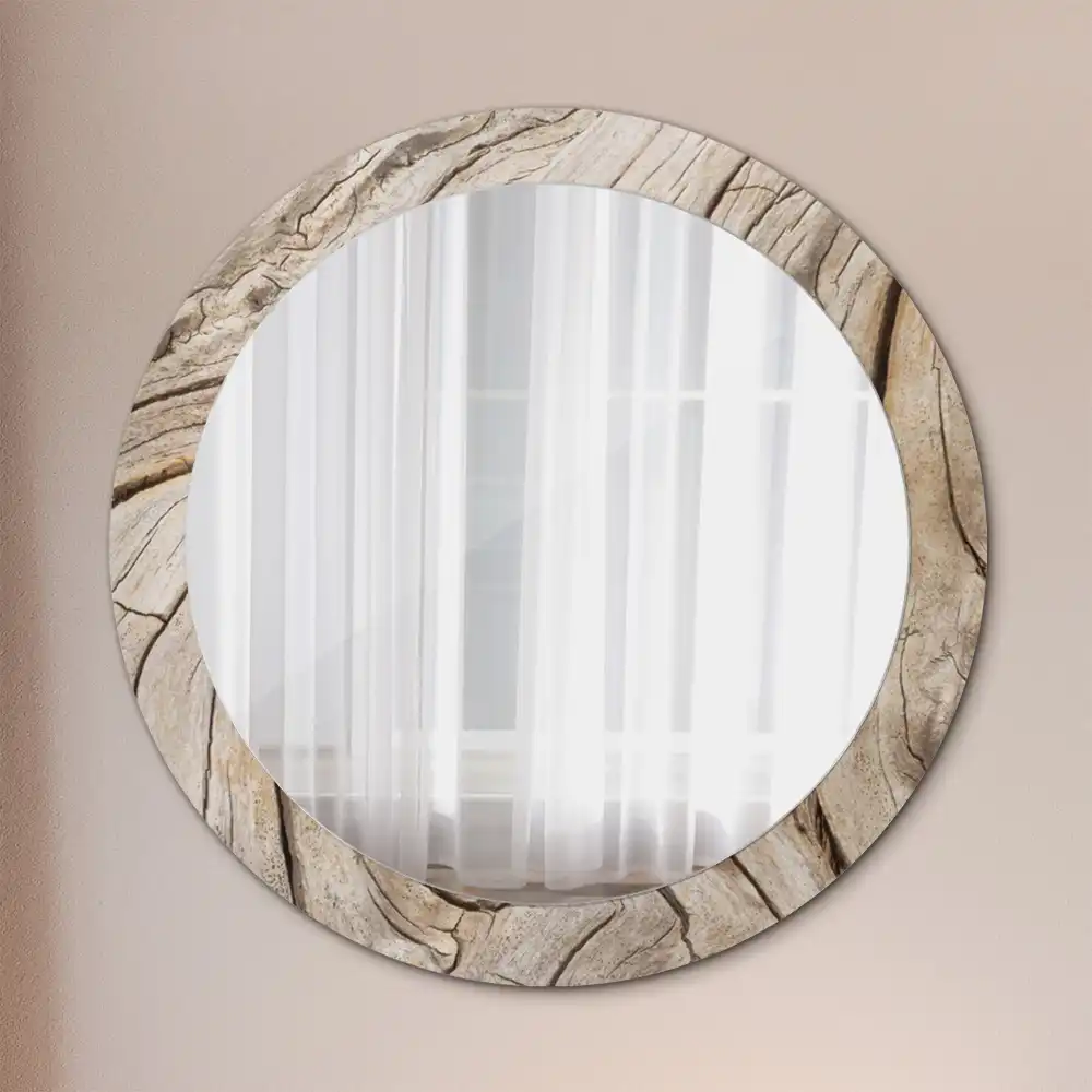 Miroir rond cadre imprimé bois craquelé