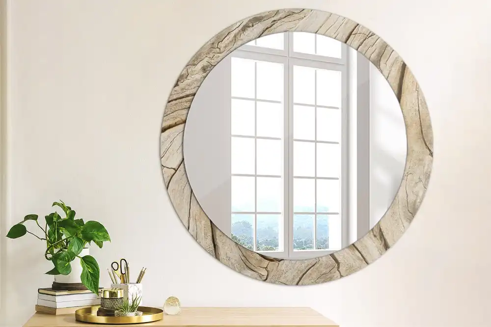 Miroir rond cadre imprimé bois craquelé