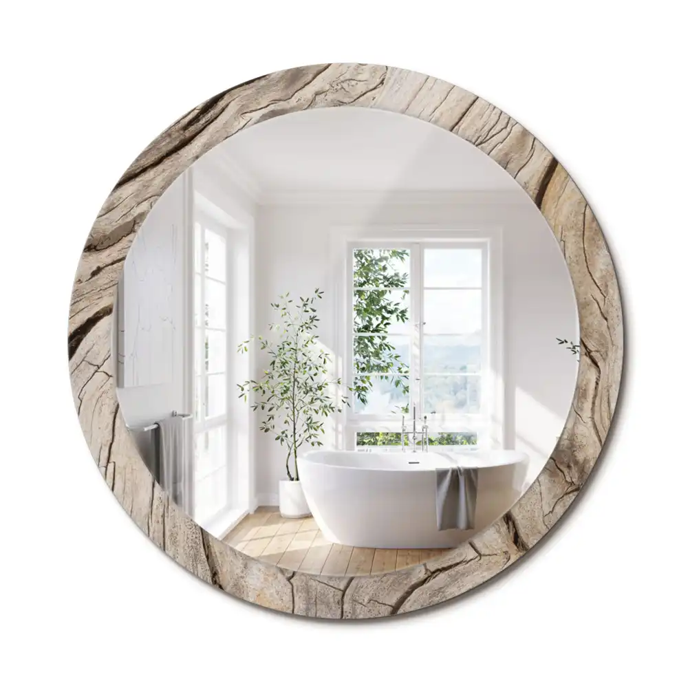 Miroir rond cadre imprimé bois craquelé