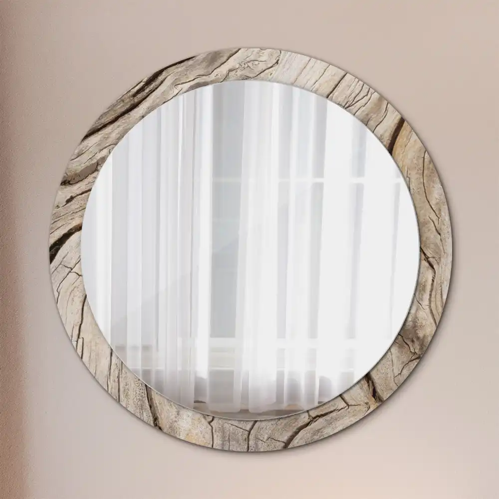 Miroir rond cadre imprimé bois craquelé