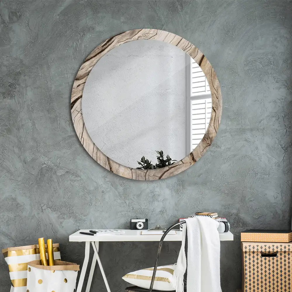 Miroir rond cadre imprimé bois craquelé