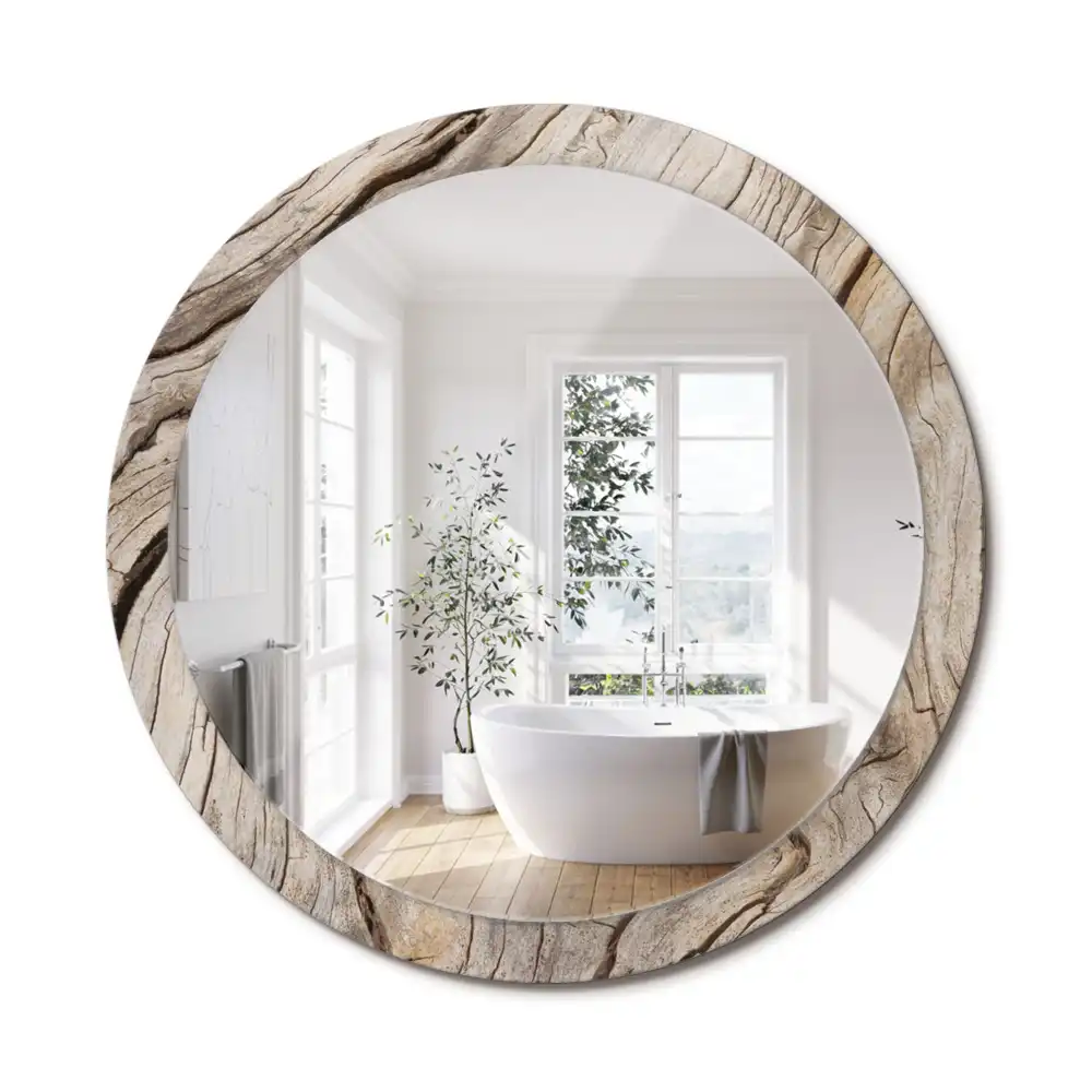Miroir rond cadre imprimé bois craquelé