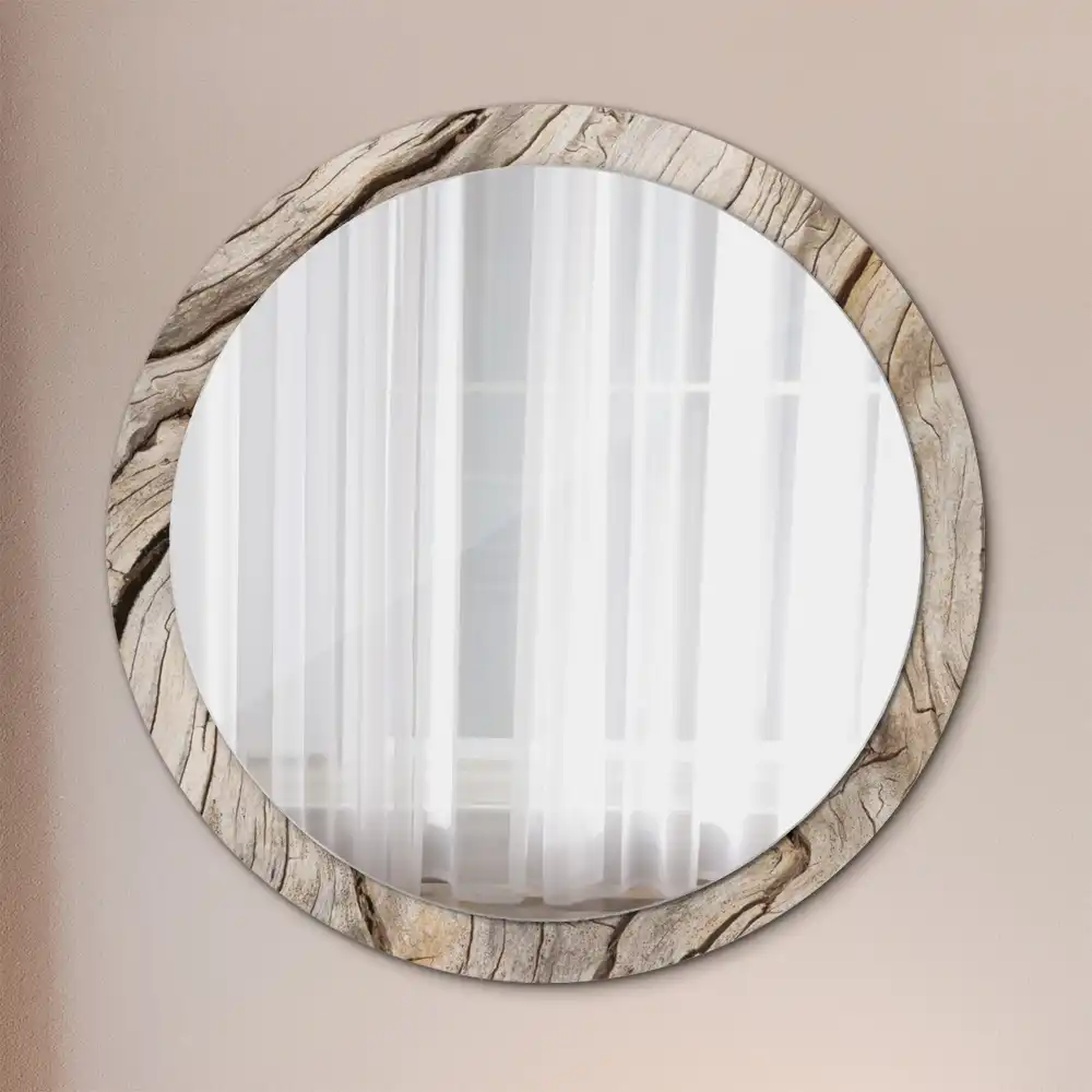 Miroir rond cadre imprimé bois craquelé