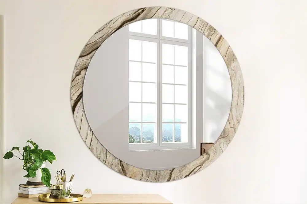 Miroir rond cadre imprimé bois craquelé