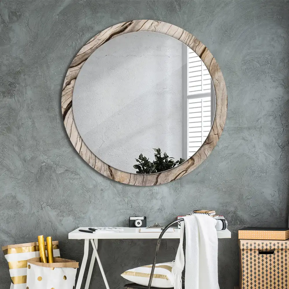 Miroir rond cadre imprimé bois craquelé