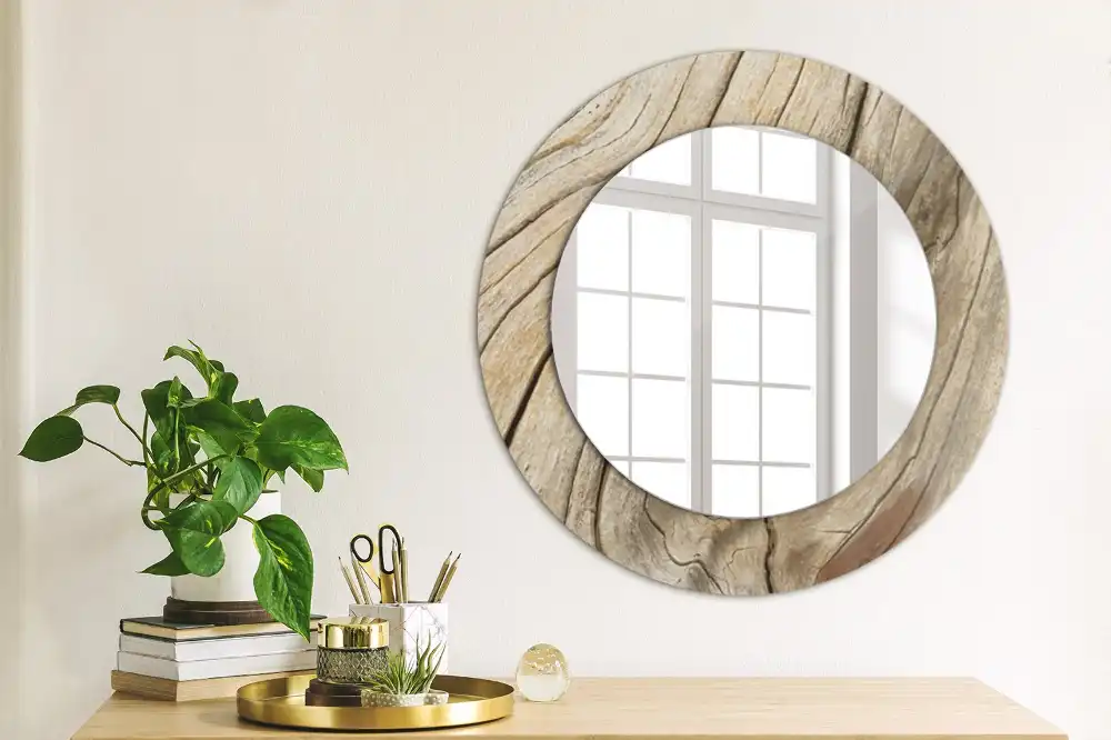 Miroir rond cadre imprimé bois craquelé