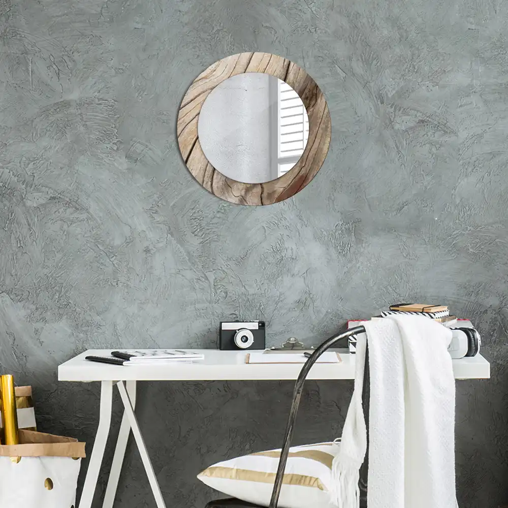Miroir rond cadre imprimé bois craquelé