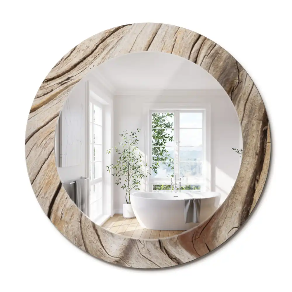 Miroir rond cadre imprimé bois craquelé