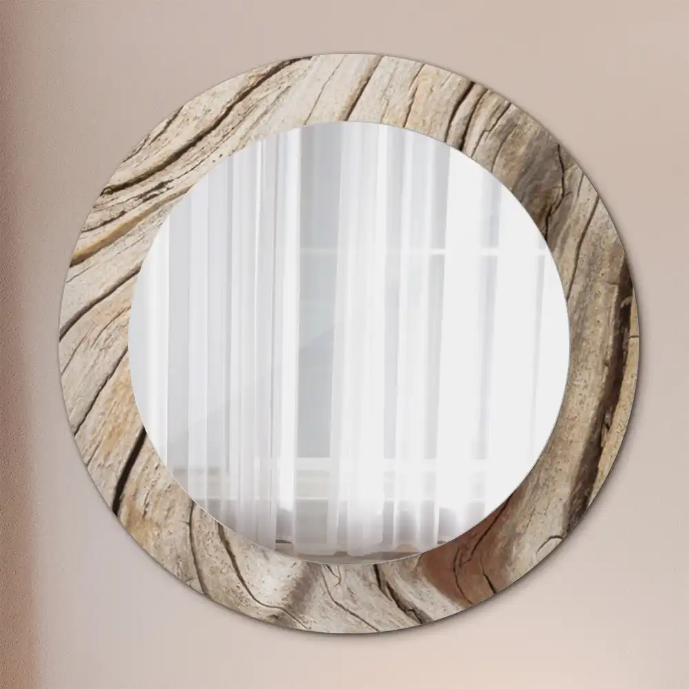 Miroir rond cadre imprimé bois craquelé