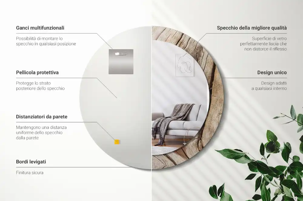 Miroir rond cadre imprimé bois craquelé