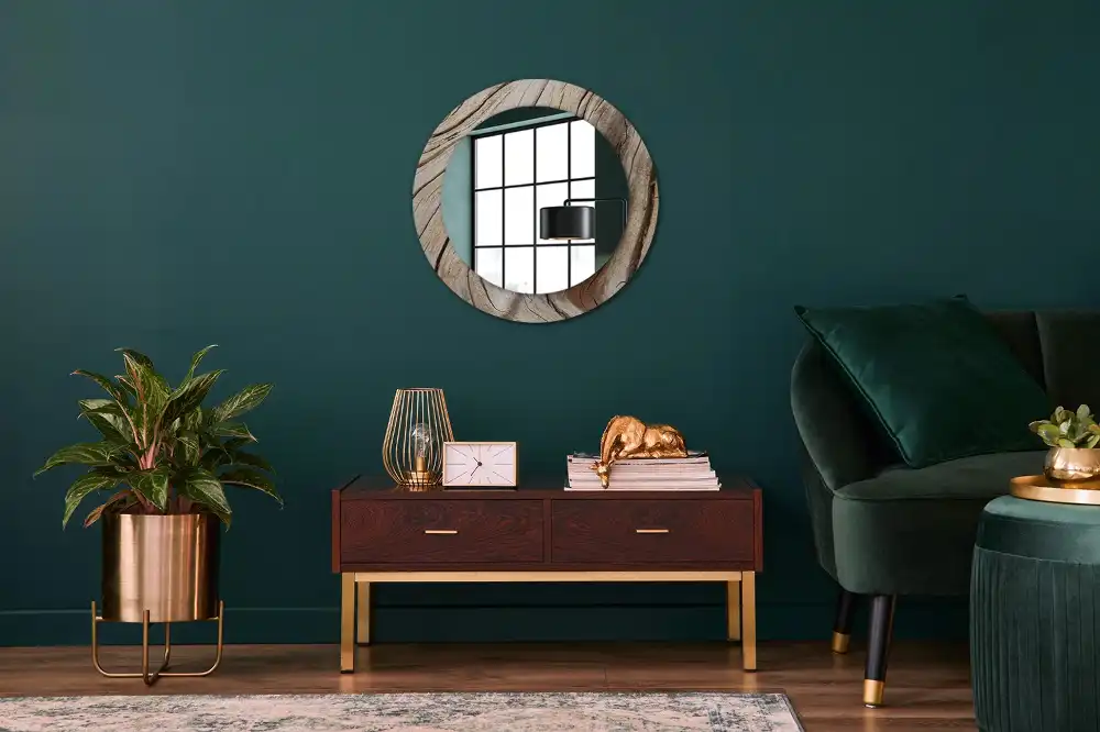 Miroir rond cadre imprimé bois craquelé