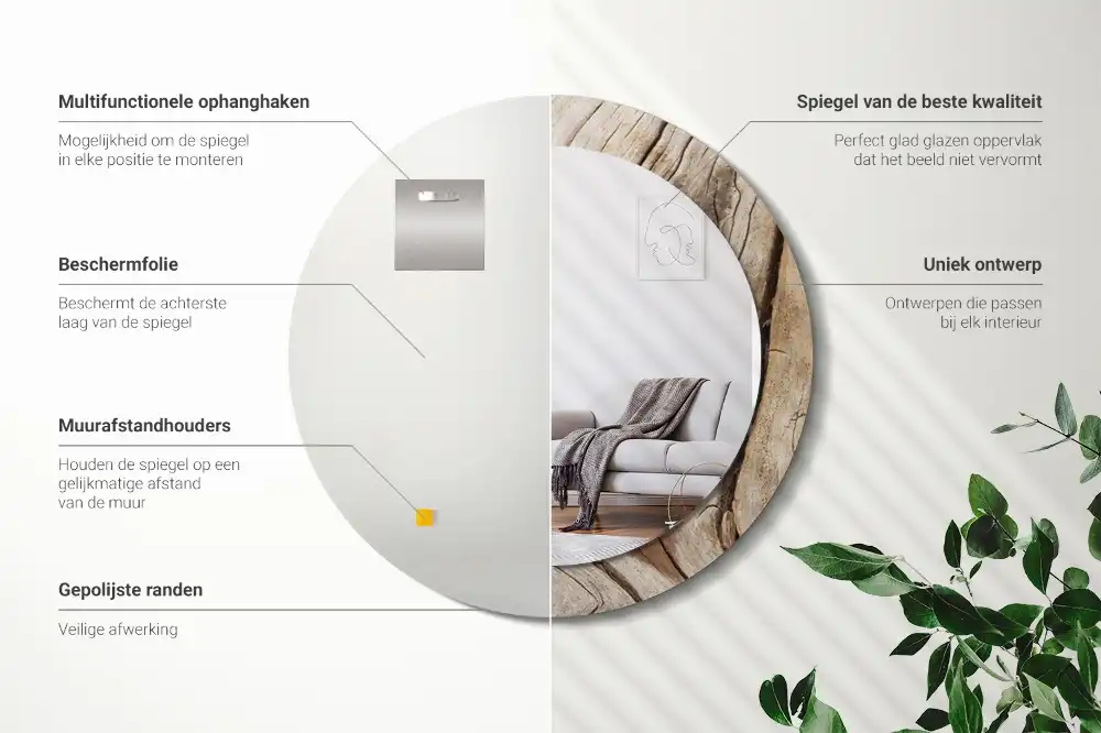 Miroir rond cadre imprimé bois craquelé