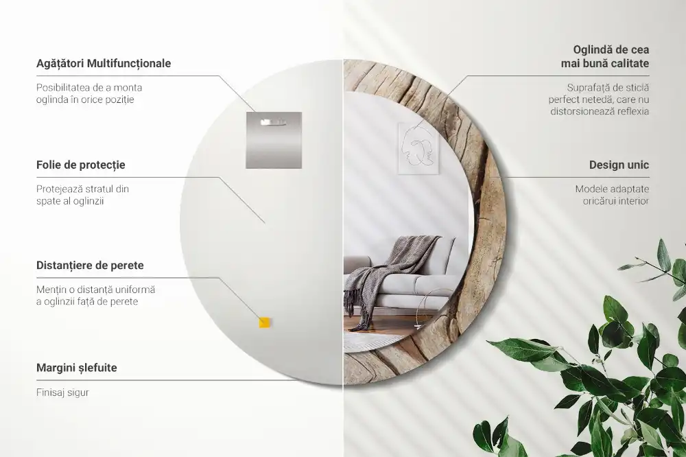 Miroir rond cadre imprimé bois craquelé