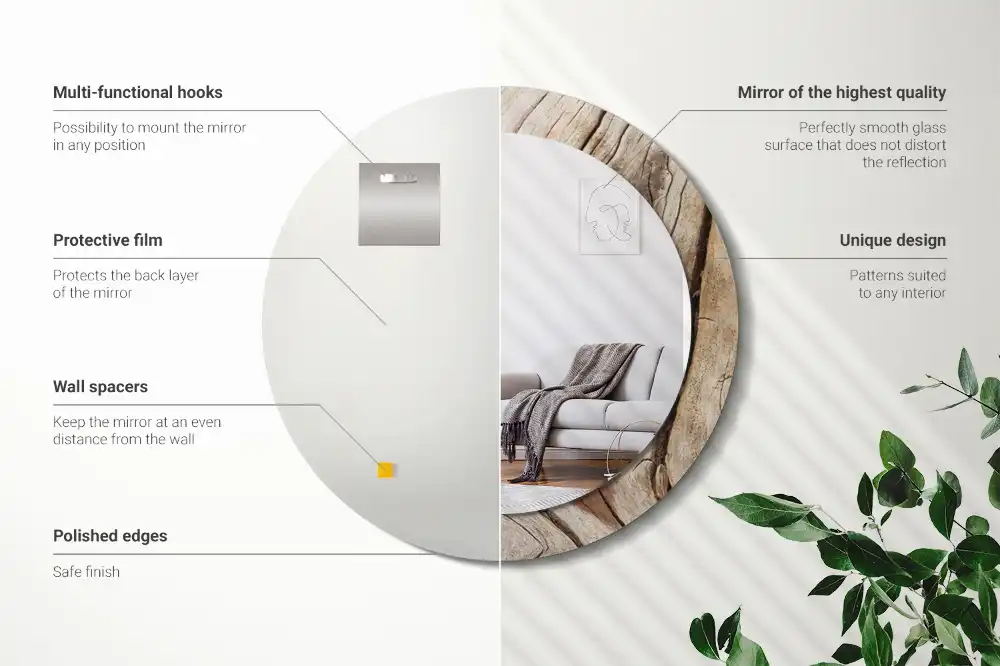 Miroir rond cadre imprimé bois craquelé