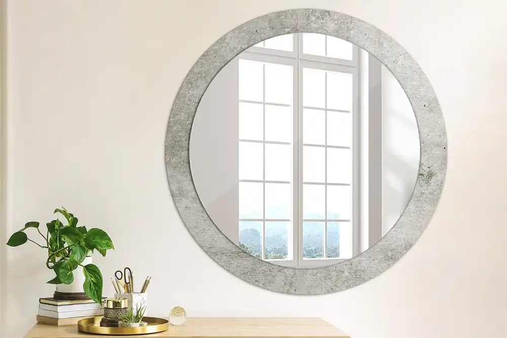 Miroir rond cadre imprimé béton gris