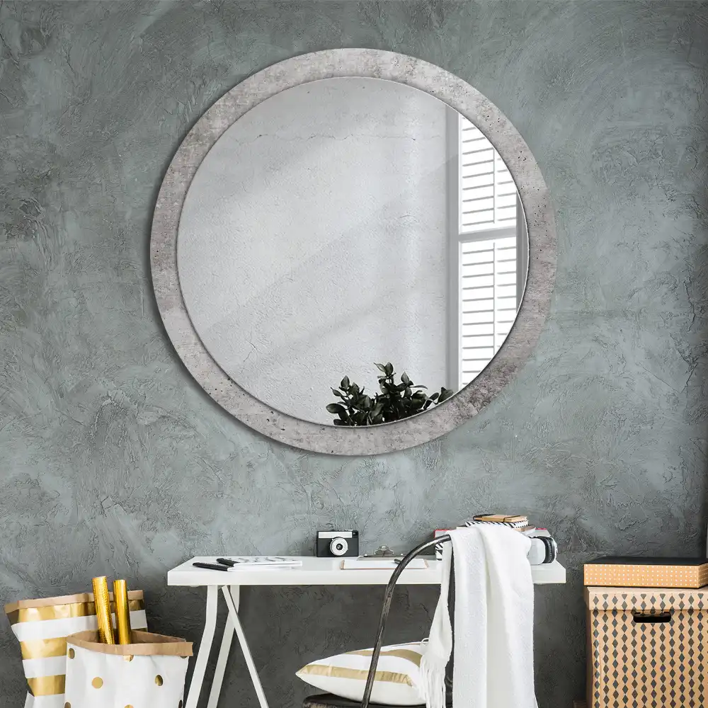 Miroir rond cadre imprimé béton gris