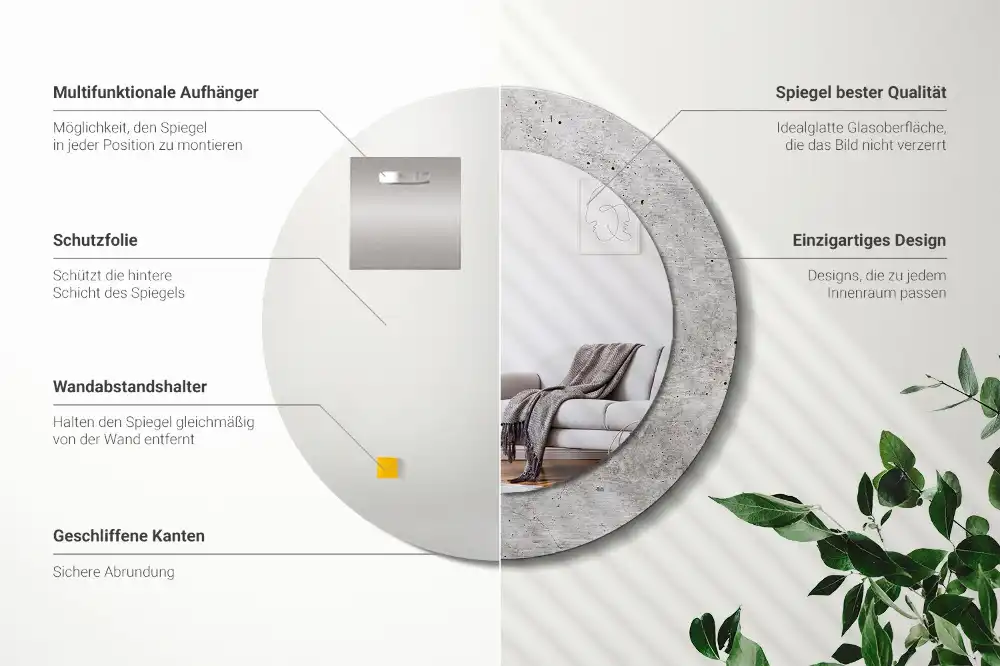 Miroir rond cadre imprimé béton gris