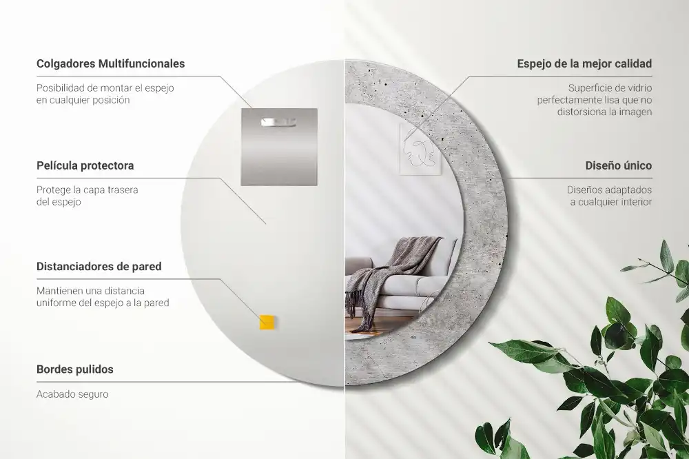Miroir rond cadre imprimé béton gris