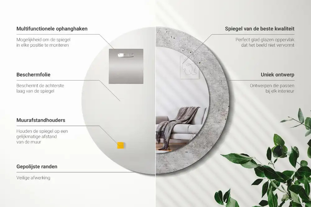 Miroir rond cadre imprimé béton gris