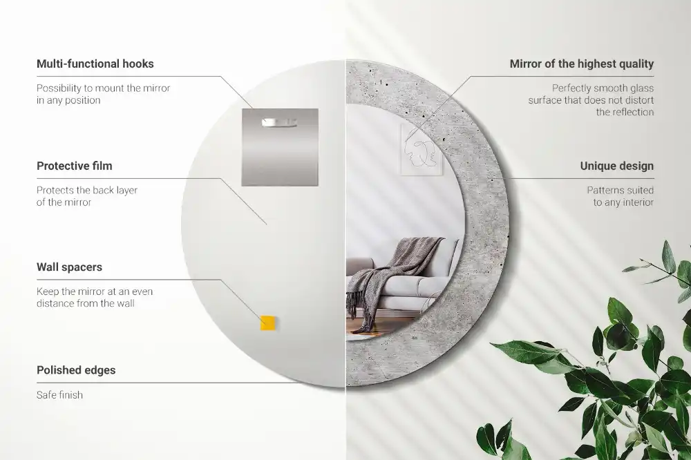 Miroir rond cadre imprimé béton gris