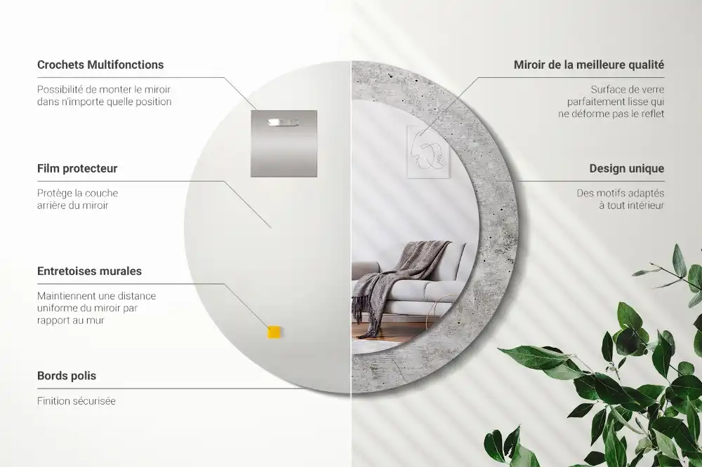 Miroir rond cadre imprimé béton gris