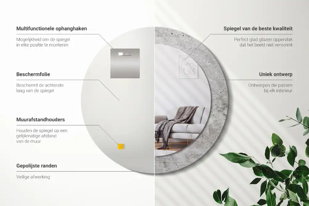 Miroir rond cadre imprimé béton gris
