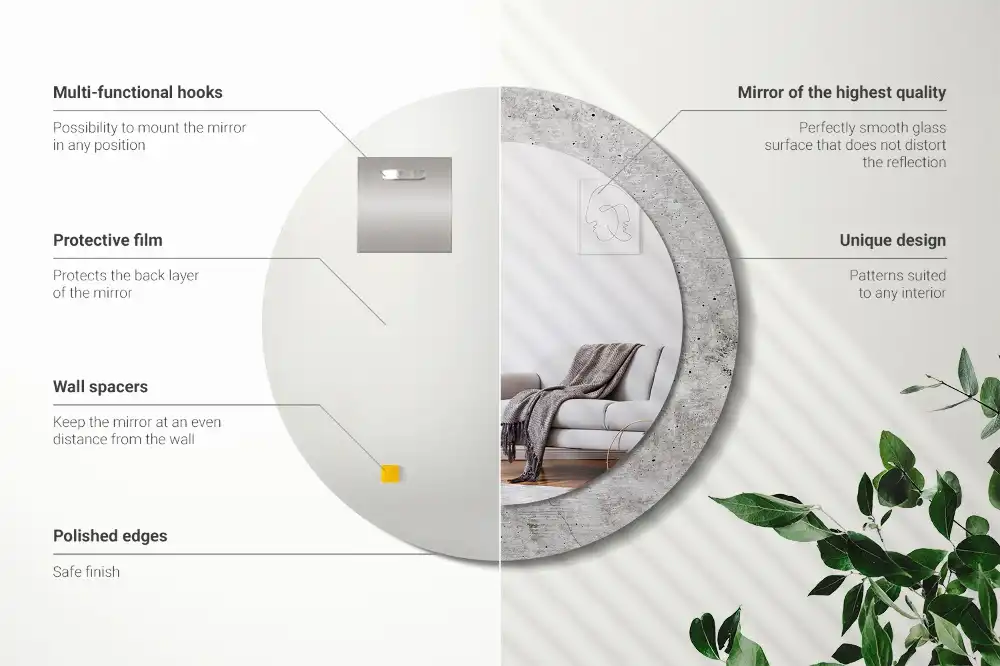 Miroir rond cadre imprimé béton gris