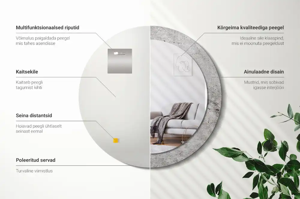 Miroir rond cadre imprimé béton gris