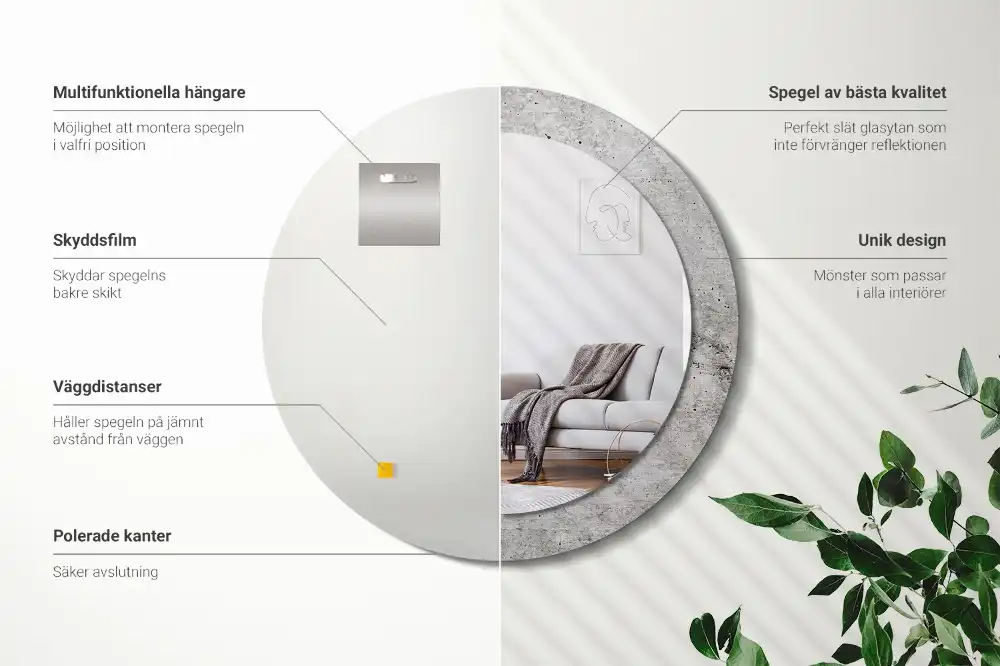 Miroir rond cadre imprimé béton gris