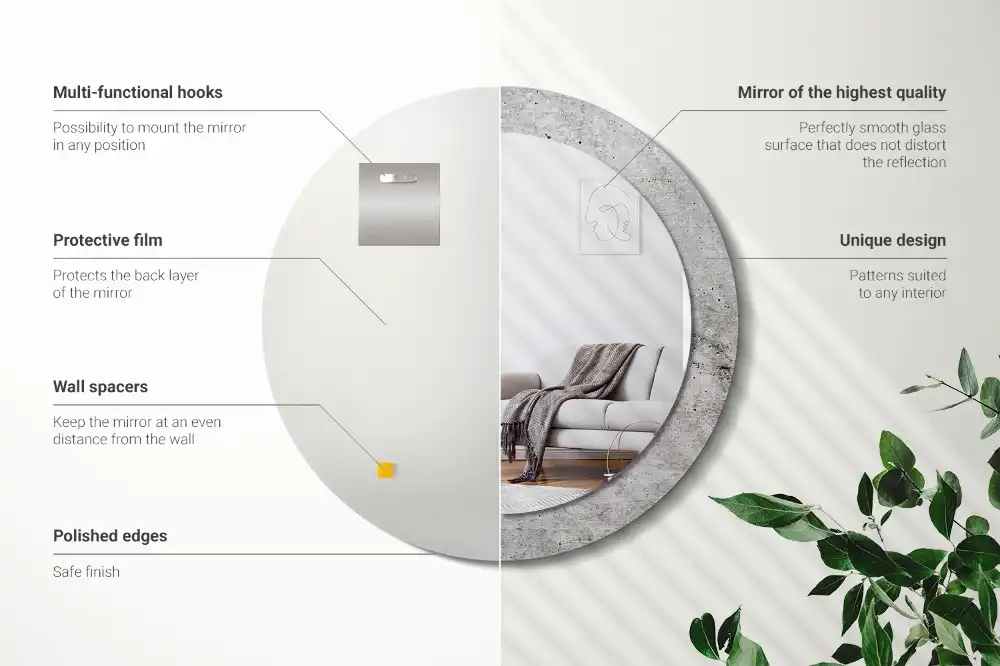 Miroir rond cadre imprimé béton gris