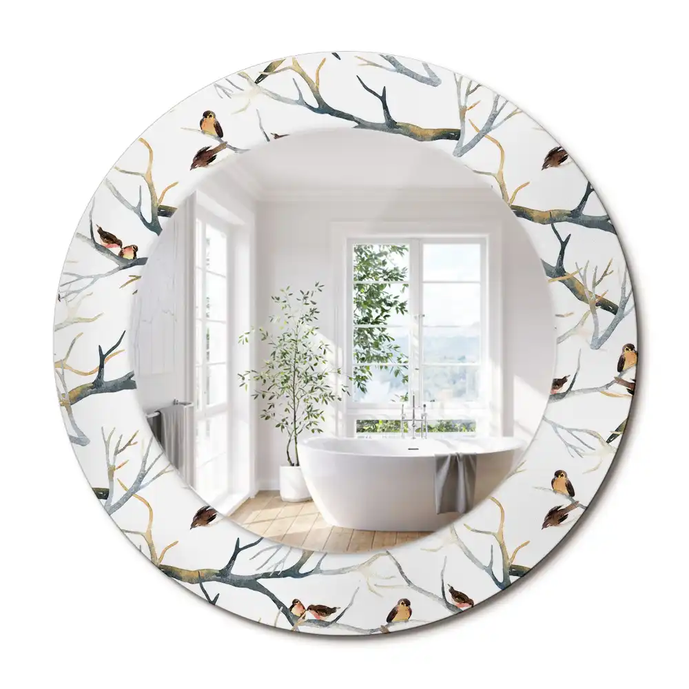 Miroir rond avec décoration moineaux sur des branches