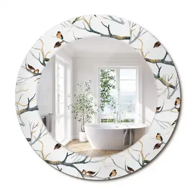 Miroir rond avec décoration moineaux sur des branches