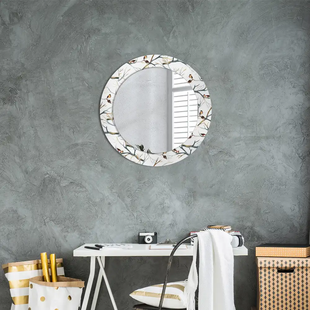 Miroir rond avec décoration moineaux sur des branches