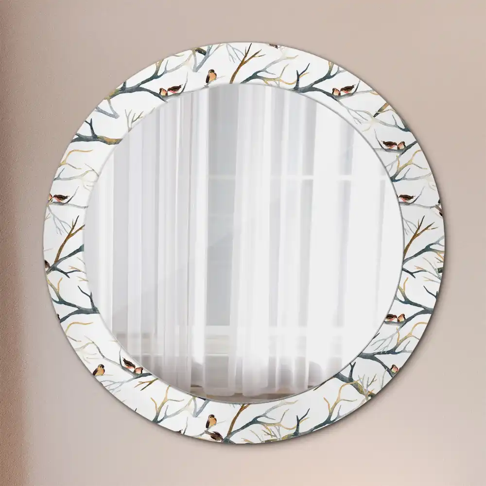 Miroir rond avec décoration moineaux sur des branches