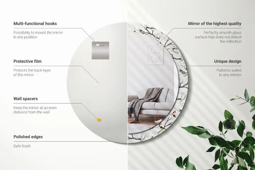 Miroir rond avec décoration moineaux sur des branches
