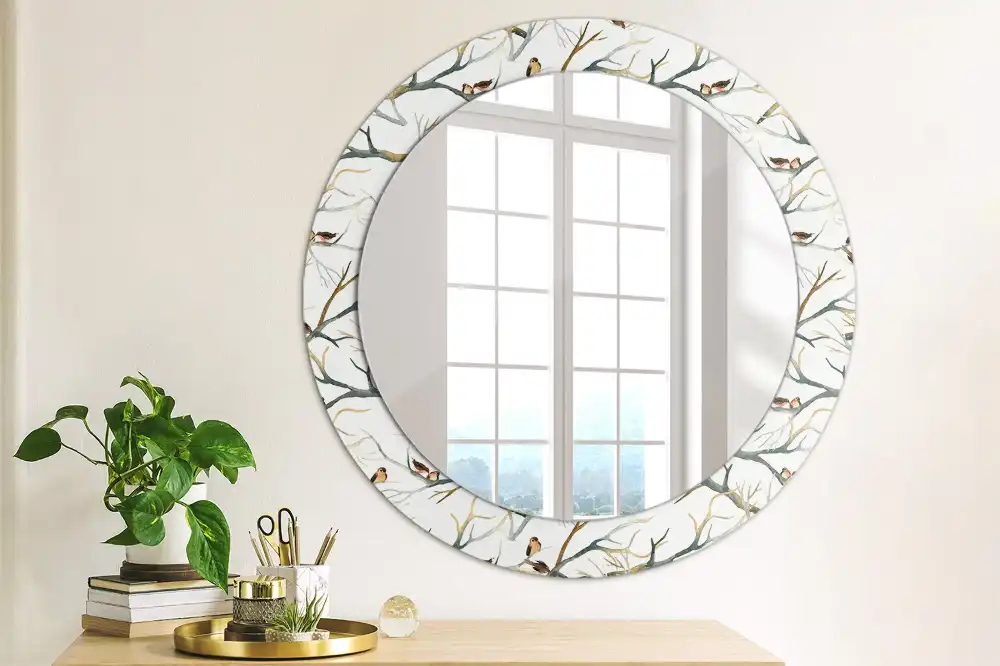 Miroir rond avec décoration moineaux sur des branches
