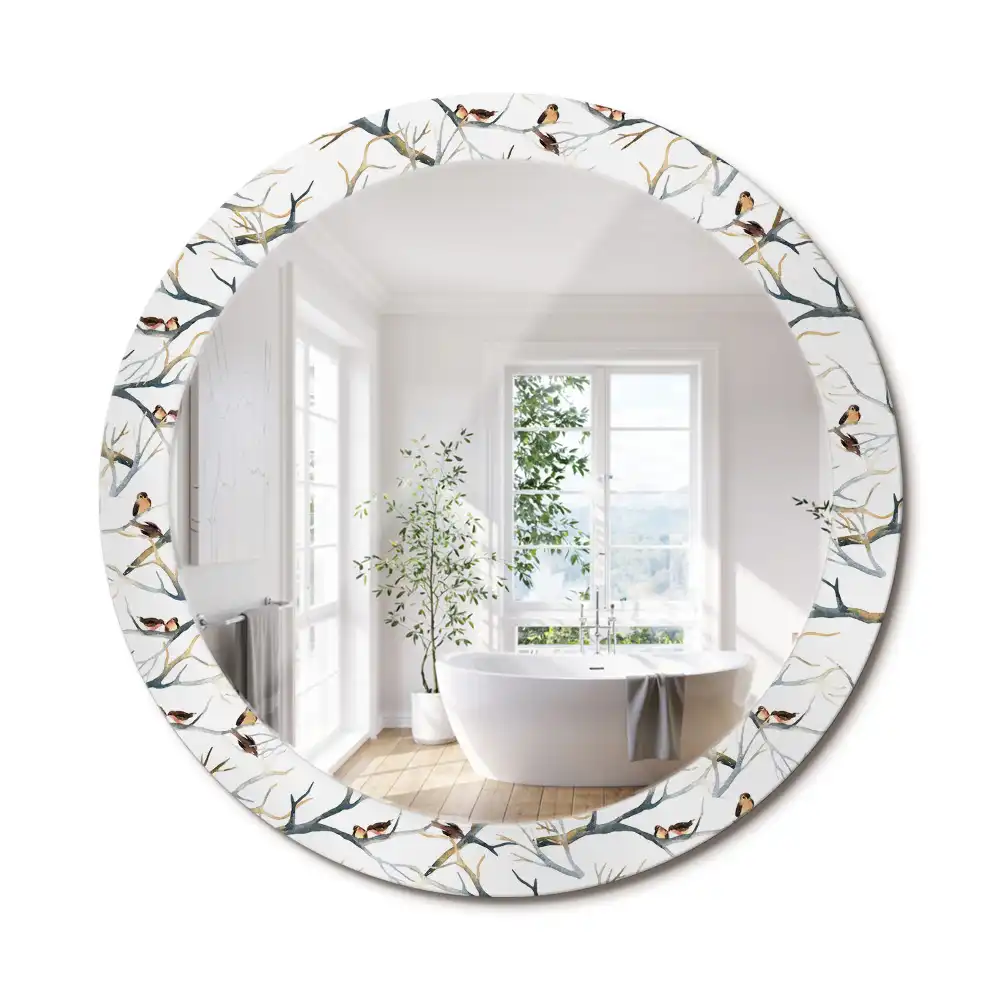 Miroir rond avec décoration moineaux sur des branches
