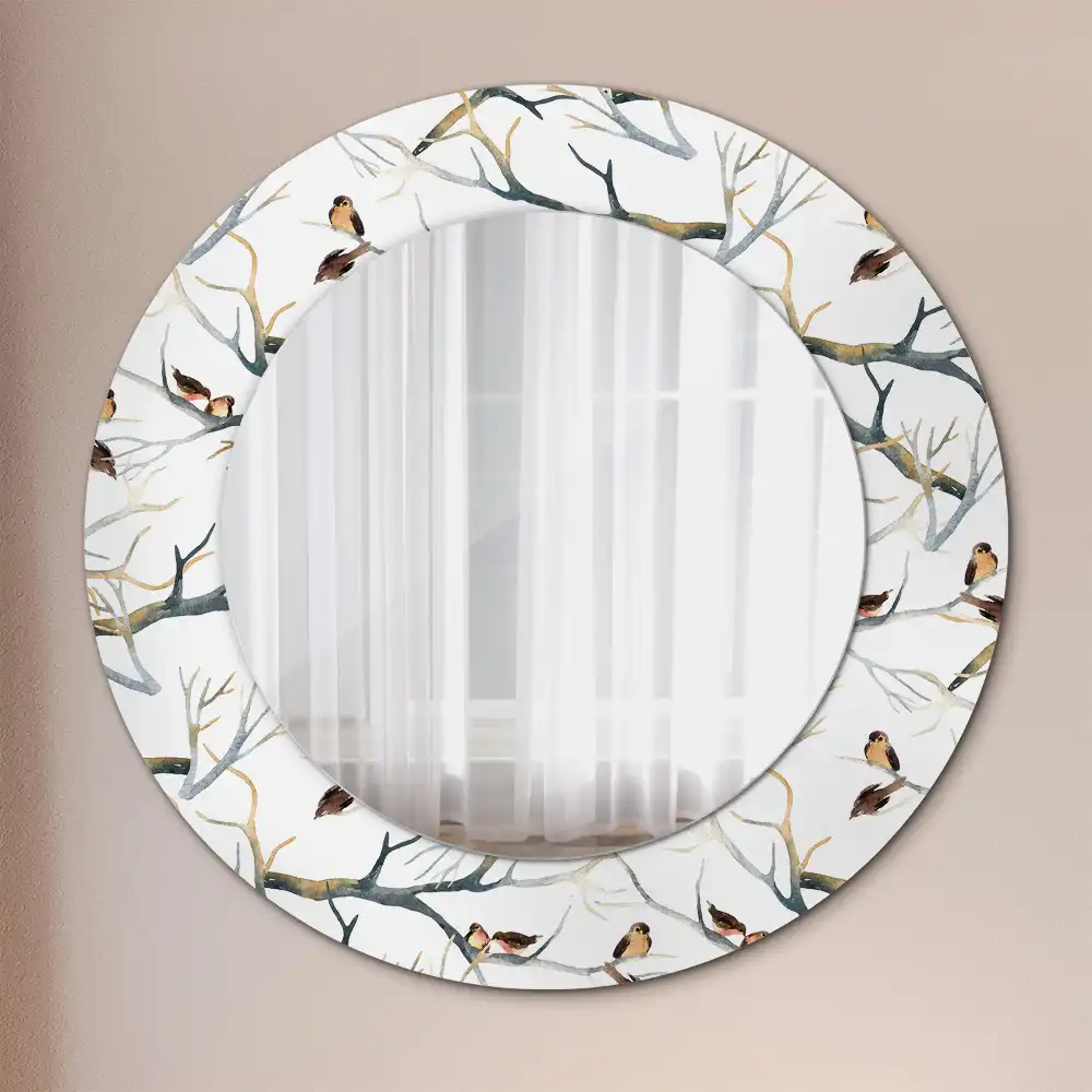 Miroir rond avec décoration moineaux sur des branches